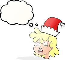 desenho de balão de pensamento desenhado à mão livre mulher estressada usando chapéu de papai noel vetor