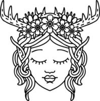 rosto de personagem de elfo druida de estilo de traço de tatuagem preto e branco vetor