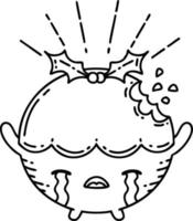 ilustração de um personagem de pudim de natal tradicional estilo tatuagem de trabalho de linha preta chorando vetor