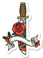 adesivo estilo tatuagem com banner de uma adaga e flores vetor