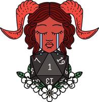 estilo de tatuagem retrô chorando personagem tiefling com um rolo de dados natural d20 vetor