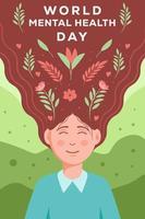 ilustração de banner vertical de saúde mental do mundo plano com uma mulher feliz e floral vetor