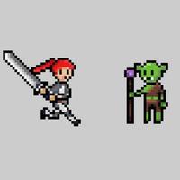 estilo de pixel art, estilo de videogame antigo, estilo retrô espadachim feminino de 18 bits versus vetor de goblin mago