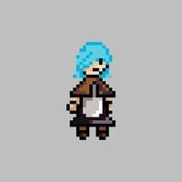 aldeão feminino de pixel art com cabelo azul usa vetor de avental branco