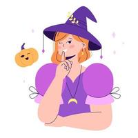 bruxa fofa de halloween. personagem de mulher sorridente na fantasia de halloween com abóbora. ilustração em vetor plana moderna.