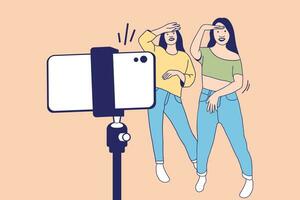 ilustrações de duas linda garota influenciadora feliz gravando vídeo dançando com smartphone para desafio vetor