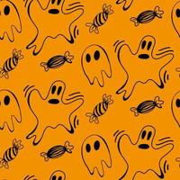 vector halloween fantasma e doces sem costura padrão isolado de fundo. ilustração engraçada e fofa para design sazonal, têxtil, sala de jogos para crianças de decoração ou cartão de felicitações. impressões desenhadas à mão e doodle.