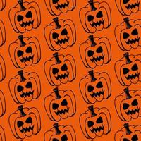 padrão sem emenda de abóbora de vetor de halloween isolado em fundo laranja. ilustração engraçada e fofa para design sazonal, têxtil, decoração infantil ou cartão de felicitações. impressões e rabiscos desenhados à mão