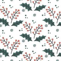 padrão sem emenda de natal com bagas de rowan. doodle vector background para casamento, convites, têxteis, papel de embrulho, cartões de felicitações. folhas de azevinho desenhadas à mão e bagas. rabiscar decoração de ano novo