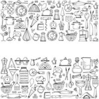 fundo vetorial de utensílios de cozinha. equipamentos de cozinha doodle desenhados à mão. ilustração para menu de restaurante, livro de receitas e papel de parede. vetor