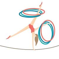 ginasta realizando caminhada de acrobata na corda com bambolês nas mãos e pernas vetor