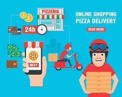 compras online. banner plano de design de conceito de entrega de pizza vetor