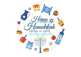 feliz hanukkah modelo de feriado judaico ilustração plana de desenhos animados desenhados à mão com menorá, sufganiyot, pião e símbolos tradicionais vetor