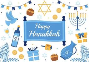 feliz hanukkah modelo de feriado judaico ilustração plana de desenhos animados desenhados à mão com menorá, sufganiyot, pião e símbolos tradicionais vetor