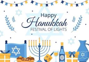 feliz hanukkah modelo de feriado judaico ilustração plana de desenhos animados desenhados à mão com menorá, sufganiyot, pião e símbolos tradicionais vetor