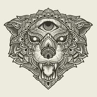cabeça de lobo de ilustração com estilo mandala vetor