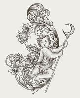 anjo cupido de ilustração com estilo antigo de ornamento de gravura vetor