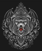 ilustração de cabeça de leão isolada com ornamento de gravura vetor