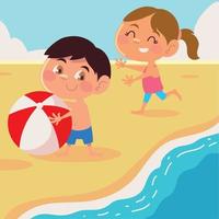 crianças com bola na praia vetor