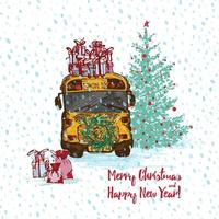 cartão de natal festivo. ônibus escolar amarelo com abeto decorado bolas vermelhas e presentes no telhado. fundo sem costura nevado branco e texto feliz natal. vetor