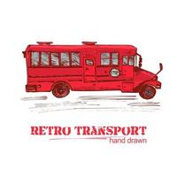 ônibus retrô vermelho desenhado à mão isolado no fundo branco. caminhão vintage em estilo de desenho. design de arte para pôster, base, banner. ilustração vetor