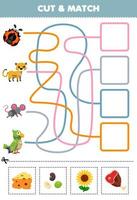 jogo de educação para crianças cortar e combinar a comida correta para planilha imprimível de joaninha de desenho animado chita rato periquito fofo vetor