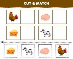 jogo de educação para crianças cortar e combinar a mesma imagem de planilha de fazenda imprimível de carne de frango bonito dos desenhos animados vetor