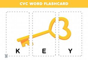 jogo de educação para crianças aprendendo palavra consoante vogal consoante com cartão de memória flash imprimível de ilustração de chave amarela de desenho animado bonito vetor