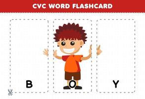 jogo de educação para crianças aprendendo palavra consoante vogal consoante com cartão de memória flash imprimível de ilustração de menino bonito dos desenhos animados vetor