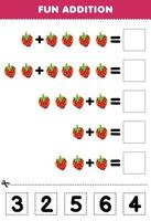 jogo de educação para crianças adição divertida por cortar e combinar o número correto para planilha imprimível de morango de desenho animado vetor