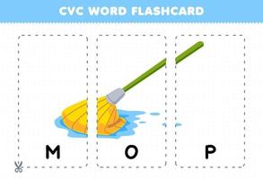 jogo de educação para crianças aprendendo palavra consoante vogal consoante com cartão de flash imprimível de ilustração de esfregão de desenho animado fofo vetor