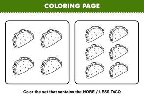 jogo de educação para crianças página para colorir mais ou menos imagem do conjunto de arte de linha de taco dos desenhos animados planilha imprimível vetor