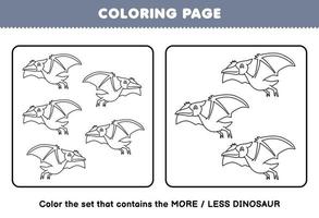 jogo de educação para crianças página de colorir mais ou menos imagem de desenho bonito dinossauro pré-histórico pteranodon linha de arte conjunto planilha imprimível vetor