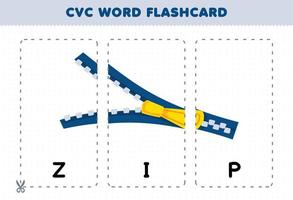 jogo de educação para crianças aprendendo palavra consoante vogal consoante com cartão de flash imprimível de ilustração zip de desenho bonito vetor