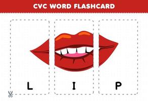 jogo de educação para crianças aprendendo palavra consoante vogal consoante com desenho bonito ilustração de lábio vermelho flashcard imprimível vetor