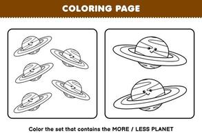 jogo de educação para crianças página para colorir mais ou menos imagem do conjunto de arte de linha de planeta bonito dos desenhos animados planilha do sistema solar para impressão vetor