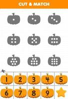 jogo educativo para crianças contar os pontos em cada silhueta e combiná-los com a planilha numerada correta para impressão de legumes de abóbora laranja vetor