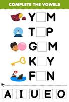 jogo de educação para crianças completa as vogais de desenho bonito inhame top gum chave fin ilustração planilha imprimível vetor