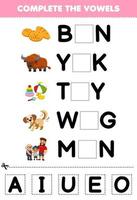 jogo de educação para crianças completa as vogais de desenho bonito bun yak brinquedo wag homens ilustração planilha imprimível vetor