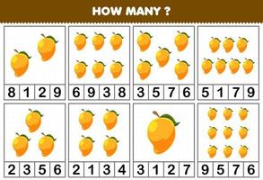 jogo de educação para crianças contando quantos objetos em cada mesa de planilha para impressão de frutas manga de desenho bonito vetor