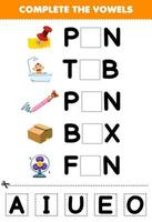 jogo de educação para crianças completa as vogais de desenho bonito pin banheira caneta caixa ilustração fã planilha para impressão vetor