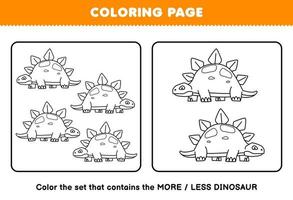 jogo de educação para crianças página para colorir mais ou menos imagem de desenho bonito dinossauro pré-histórico estegossauro linha de arte folha de cálculo imprimível vetor