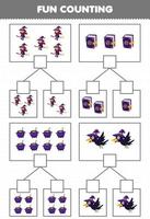 jogo de educação para crianças divertidas contando imagens em cada caixa de desenho bonito corvo caldeirão livro fantasia de bruxa planilha para impressão de halloween vetor