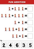 jogo de educação para crianças adição divertida por cortar e combinar o número correto para planilha imprimível de vela vermelha de desenho animado bonito de halloween vetor