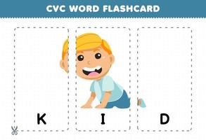 jogo de educação para crianças aprendendo palavra consoante vogal consoante com cartão de memória flash imprimível de ilustração de criança feliz de desenho animado fofo