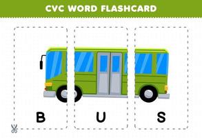 jogo de educação para crianças aprendendo palavra consoante vogal consoante com cartão de memória flash imprimível de ilustração de ônibus bonito dos desenhos animados vetor