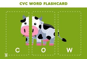 jogo de educação para crianças aprendendo palavra consoante vogal consoante com cartão de flash imprimível de ilustração de animal de vaca de desenho animado bonito vetor