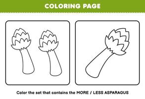 jogo de educação para crianças página para colorir mais ou menos imagem de desenho de espargos vegetais linha de arte conjunto planilha imprimível vetor