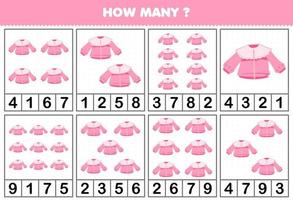 jogo educativo para crianças contando quantos objetos em cada mesa de roupas vestíveis de desenho animado blusa rosa planilha imprimível vetor