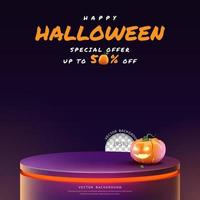 fundo de pódio de halloween, fechar pódio roxo com cara engraçada de abóbora para exibição de produtos, ilustração vetorial vetor